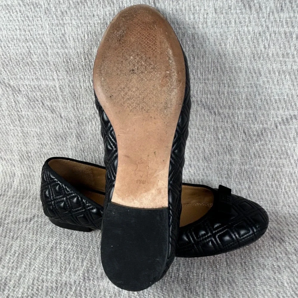 Tory Burch Marion Quilted Ballet Flats Black Nappa Leather Bow 9.5M 43080